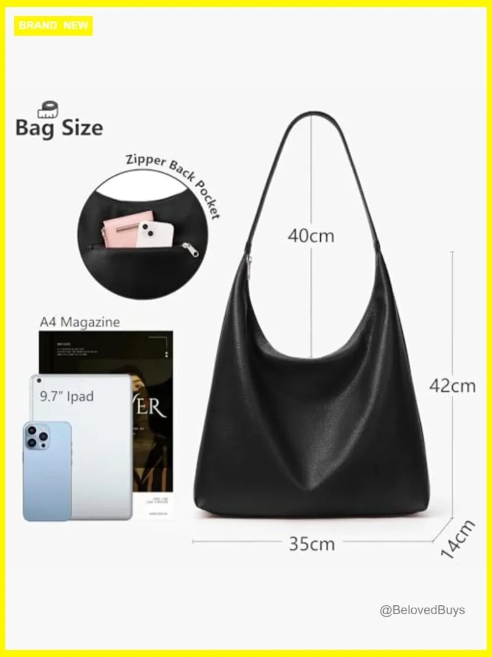 Vegan Leather Hobo Tote Bag with Zipper, Large Capacity, Shoulder
